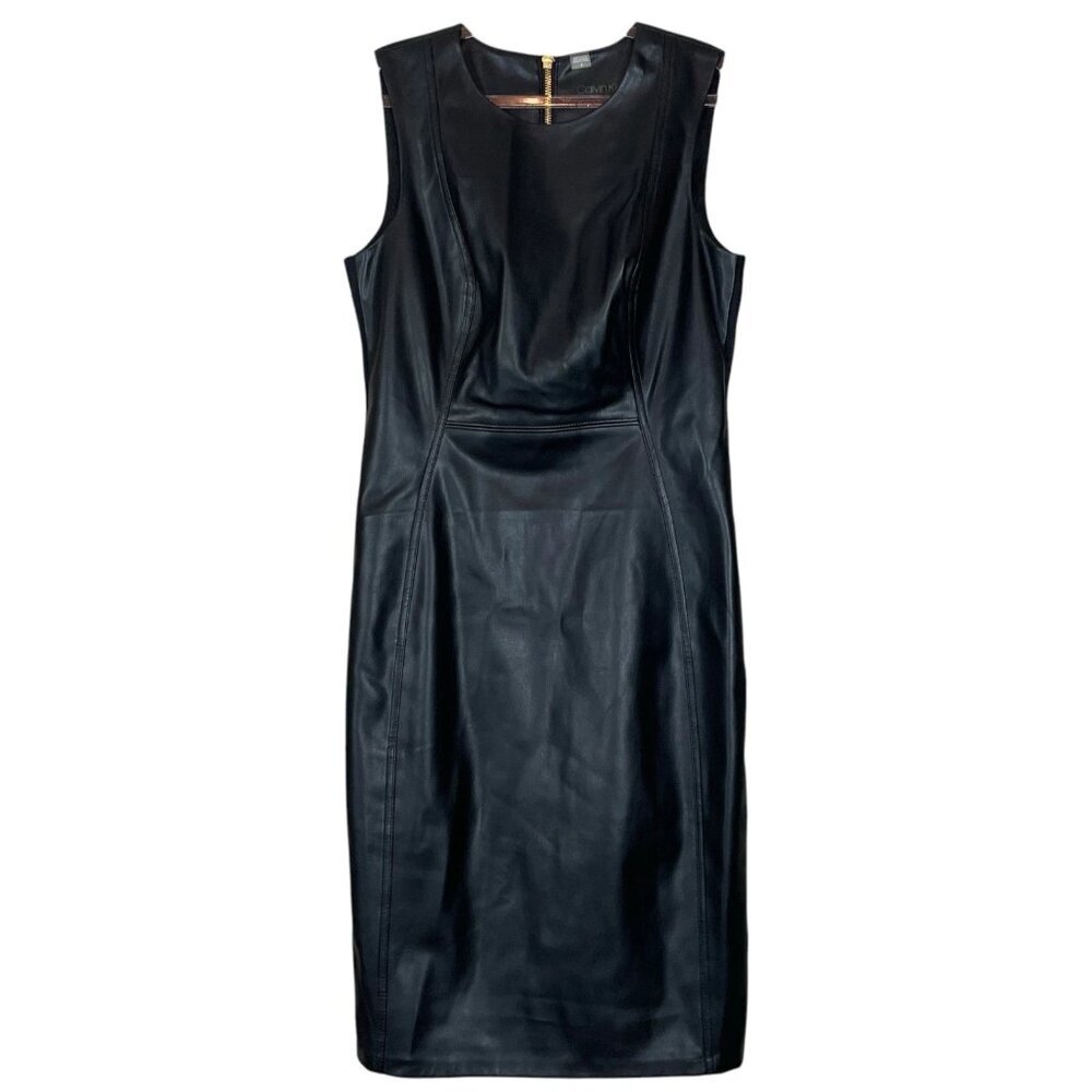Calvin Klein Faux Leather Moto Sleeveless Sheath Cocktail Dress Black Size 2